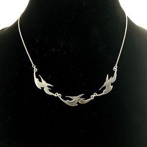Modernist Sterling Silver Swallow Birds in Flight Necklace 17 Inch Vintage